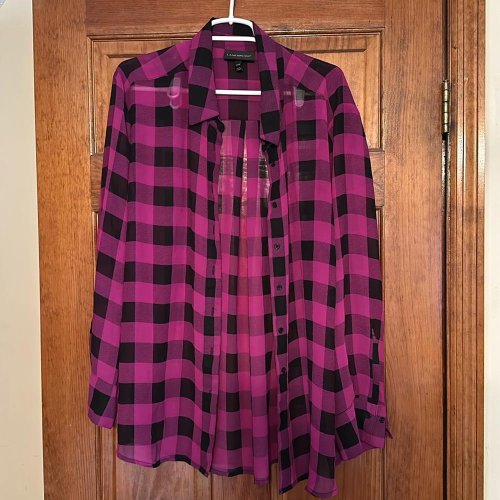 Lane Bryant Purple and Black Plaid Button up -Sheer